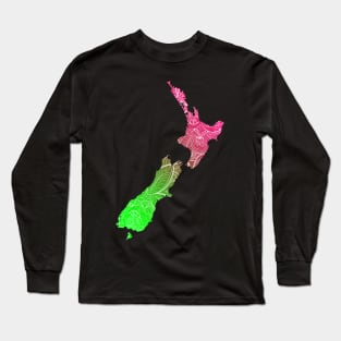 Colorful mandala art map of New Zealand with text in pink and green Long Sleeve T-Shirt